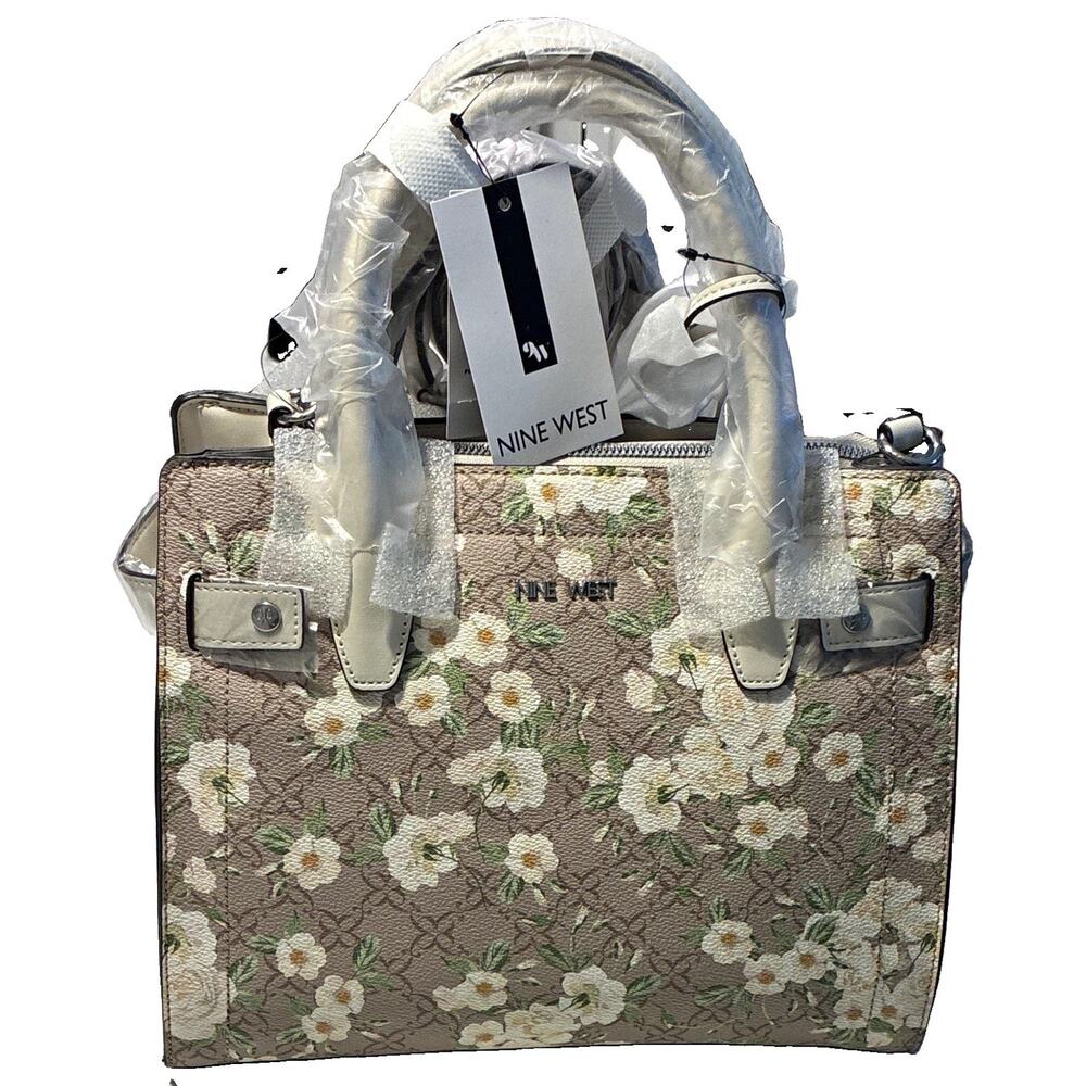 Nine West Floral Satchel Top Handle Bag Beige/Gray Zip w/ Adjustable Strap